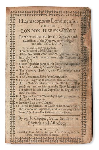 CULPEPER, NICHOLAS. Pharmacopoeia Londinensis.  1656